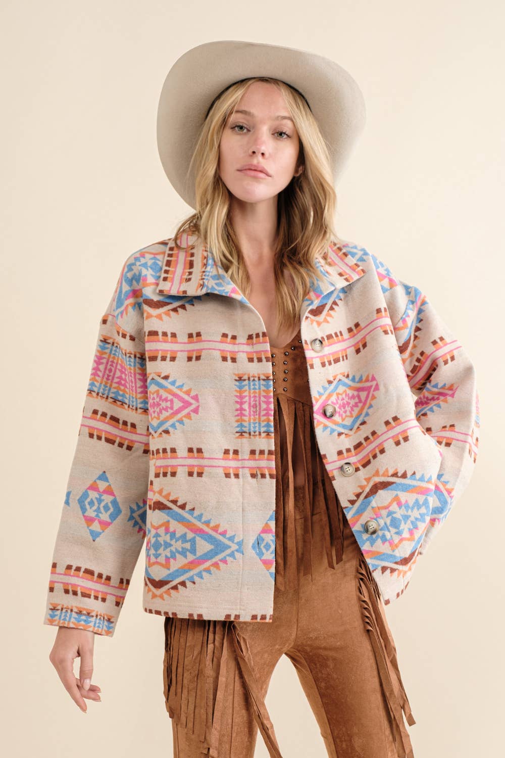 Blue B - Azteeks westernjack van jacquard met opstaande kraag en knoopsluiting