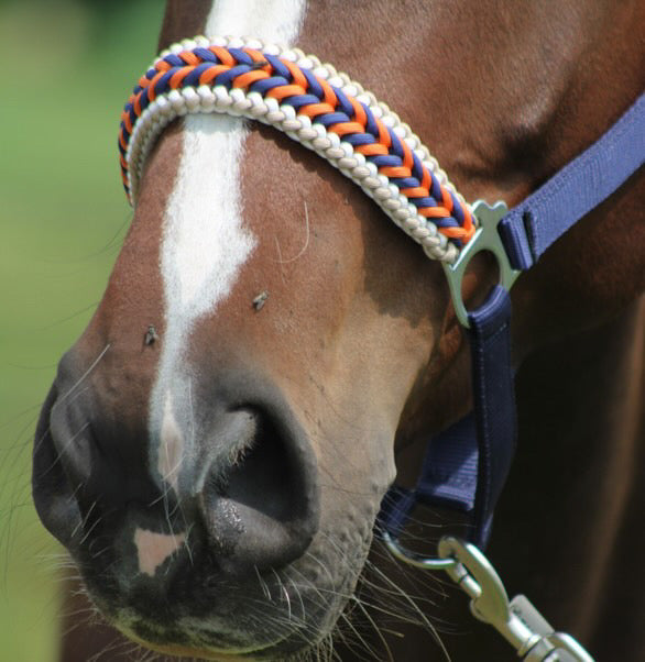 Handgemaakte paardenhalsters - Geknoopt halster ‘Kristy’ donkerblauw/ oranje
