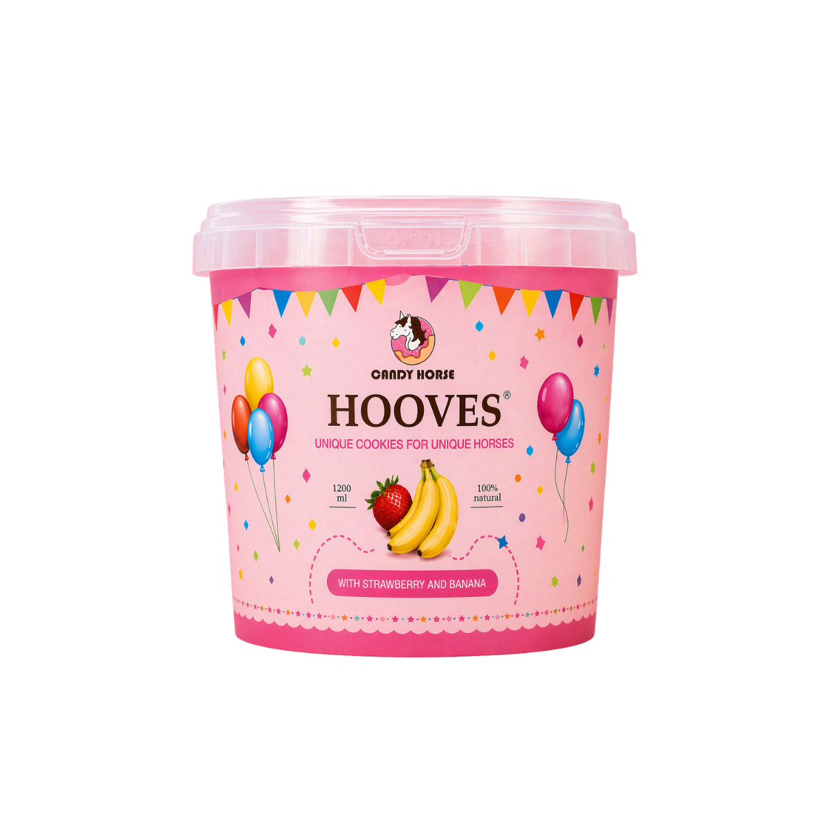Candy Horse - Paardenkoekjes Hooves in emmertje 1,2L - Stable Party edition "Bubble Gum" Banaan/ aardbei