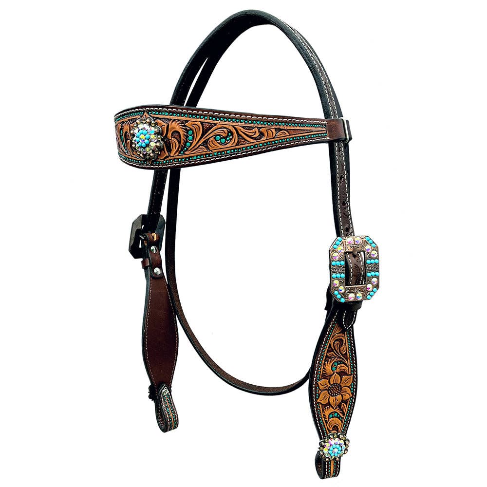 LS Western - Western Lederen Hoofdstel met turquoise details en strass