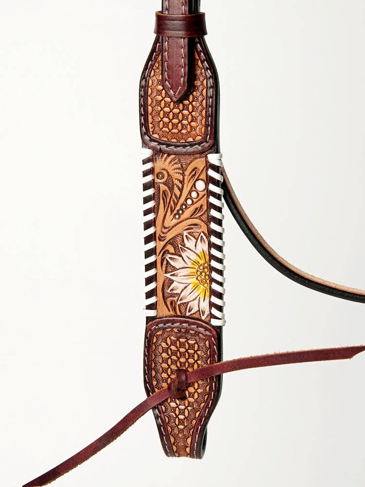LS Western - HS Western Lederen Hoofdstel met zonnebloemen, tooling, zwart/wit afwerking