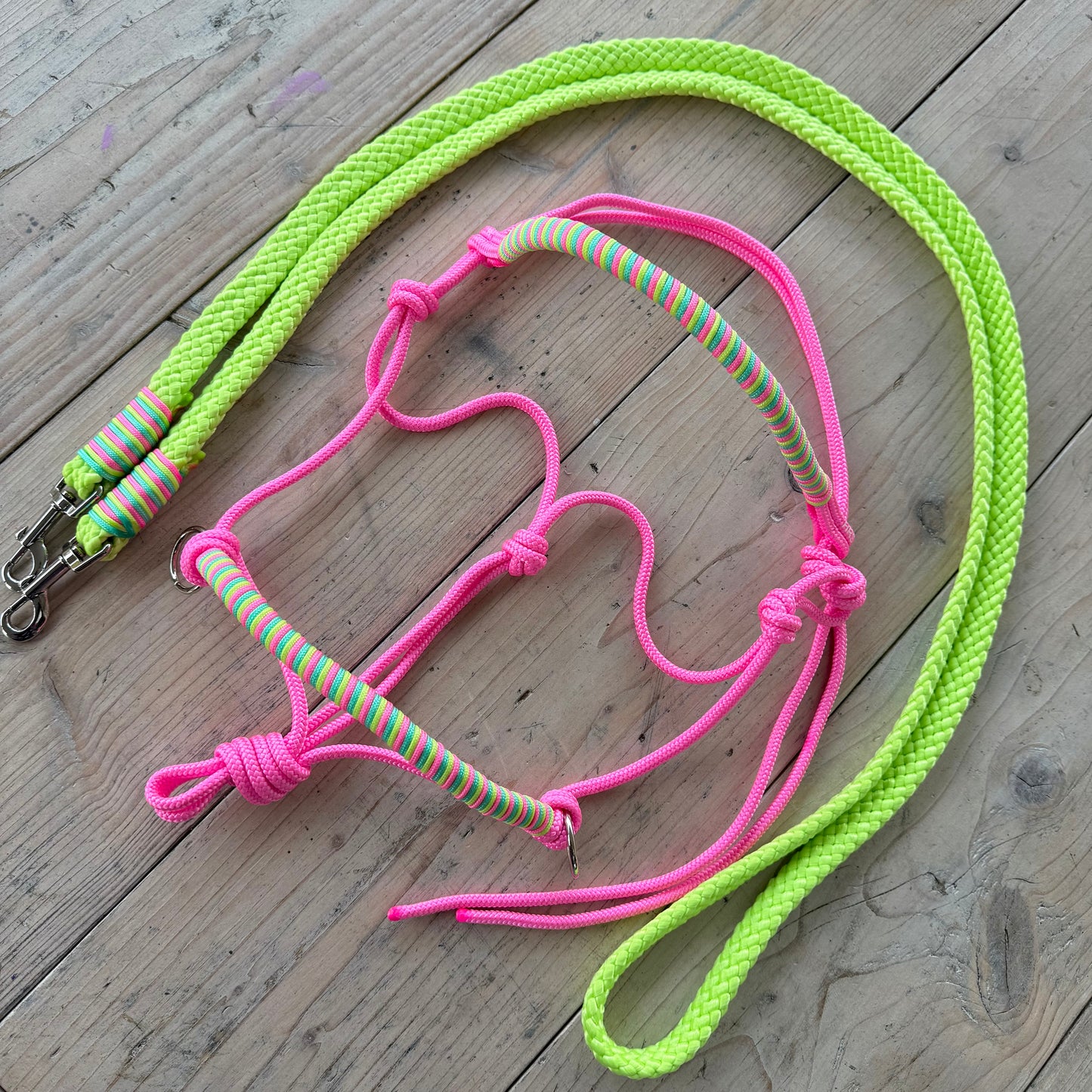 Horse Rope Shop - Rope halter set, riding halter + reins 'Pink Jungle' lime/pink
