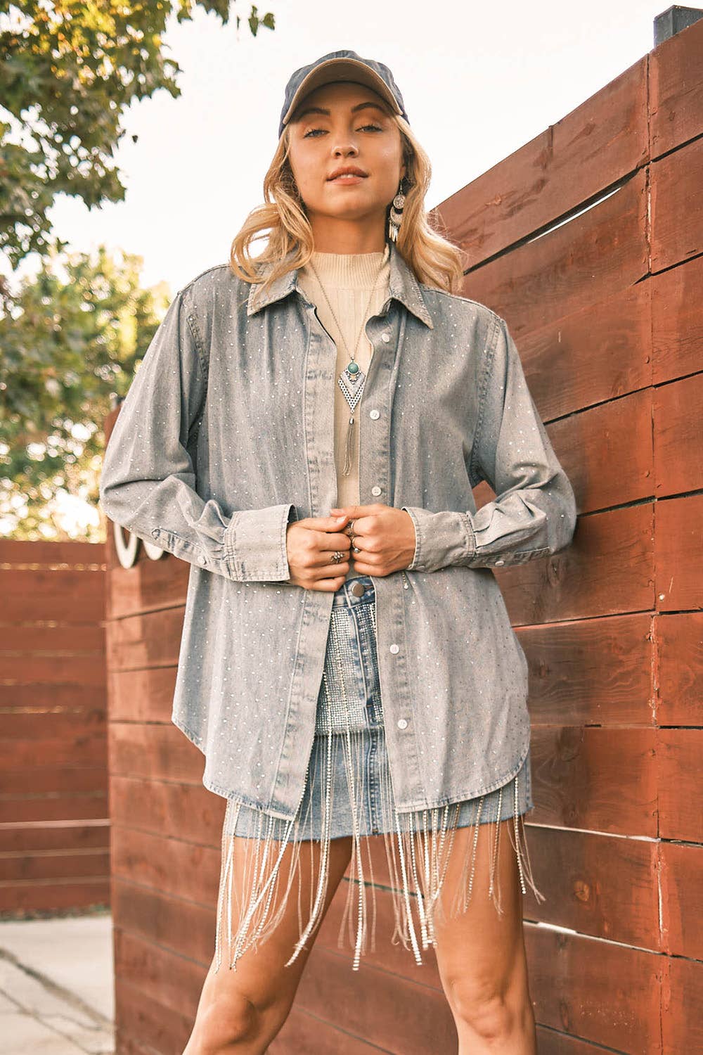 Blue B - Gewassen hemdblouse met studs en knopen felroze