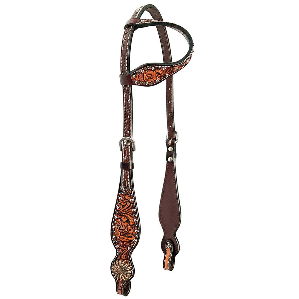 LS Western - Bride western en cuir à une oreille avec décor floral et clous