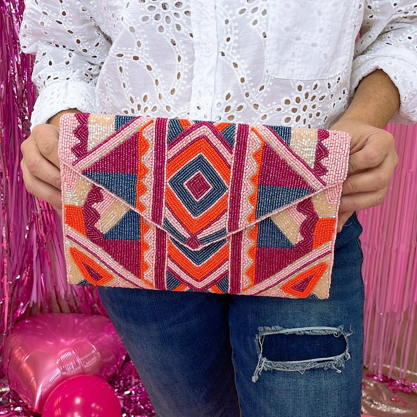 Treasure Jewels - Beaded Bag handtas clutch Geo Pink