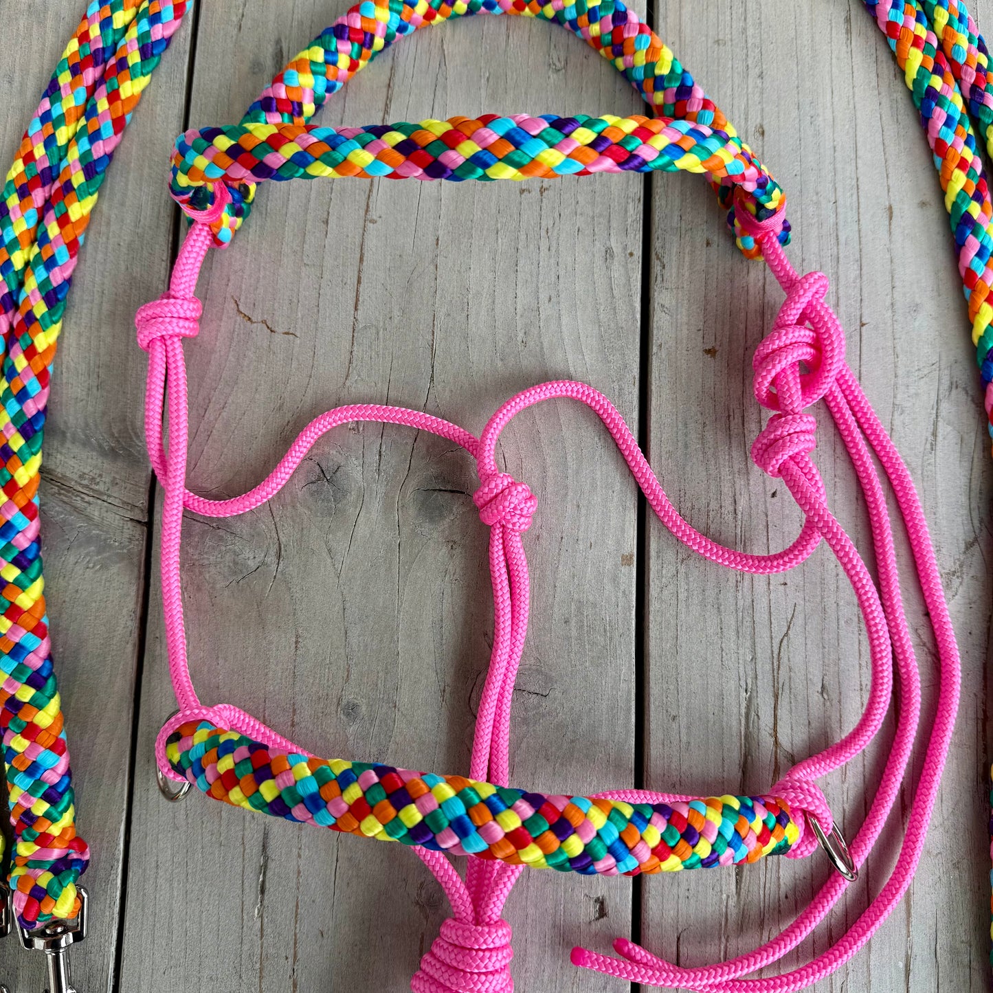 Horse Rope Shop - Touwhalster set rijhalster + teugels ‘Rainbow’ roze