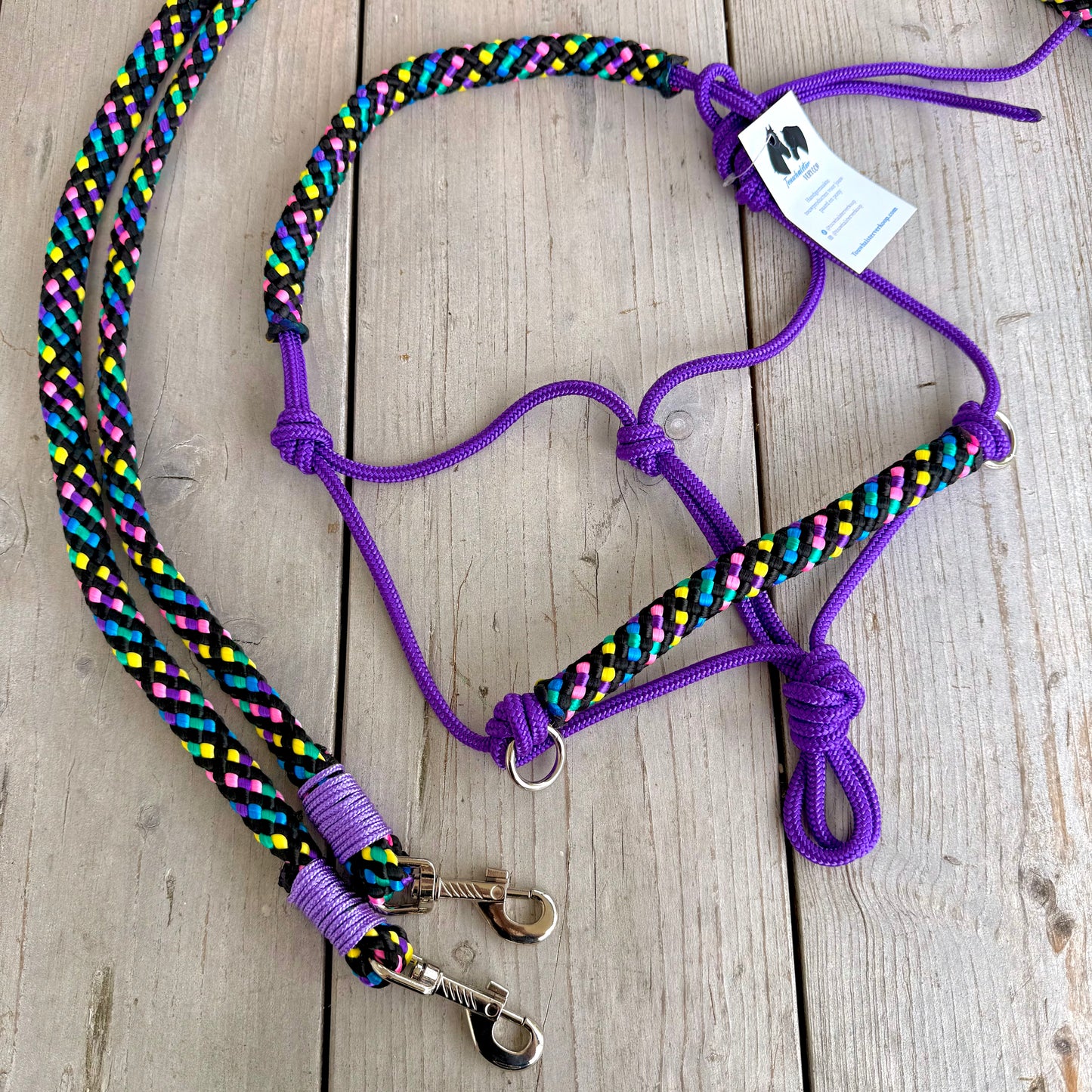 Touwhalsterverkoop - Touwhalster set rijhalster + teugels 'Disco dip' paars/ regenboog