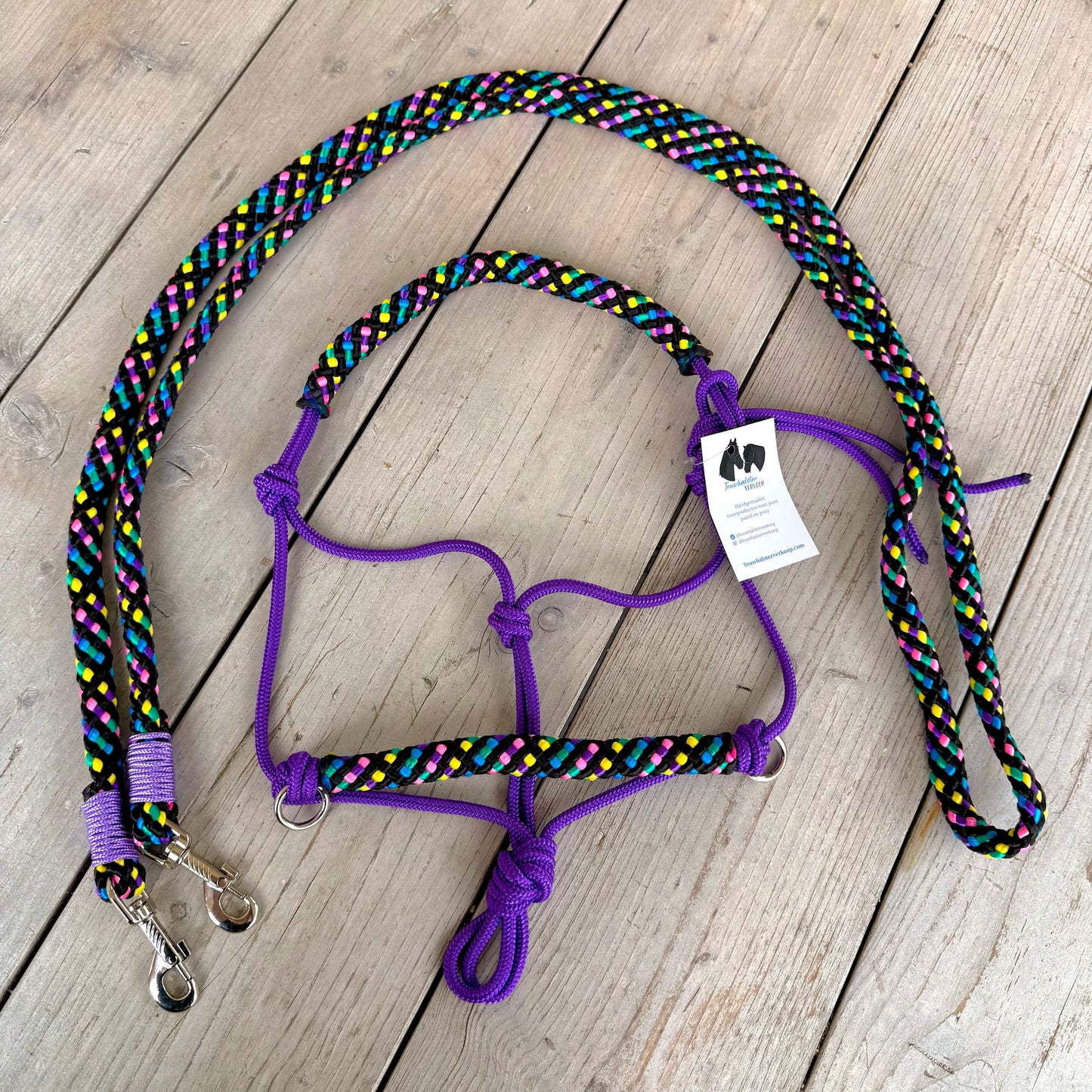 Touwhalsterverkoop - Touwhalster set rijhalster + teugels 'Disco dip' paars/ regenboog