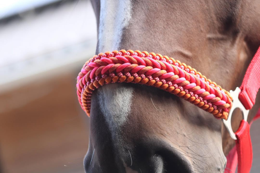 Handgemaakte paardenhalsters - Geknoopt halster ‘Candy Crush’ rood/oranje/roze