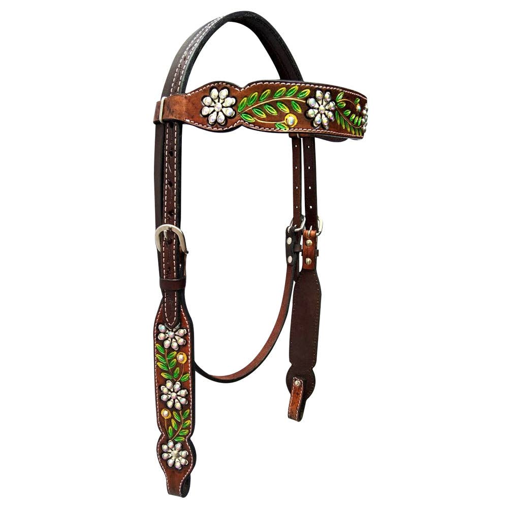 LS Western - Western Lederen Hoofdstel met groene details en strass bloemen