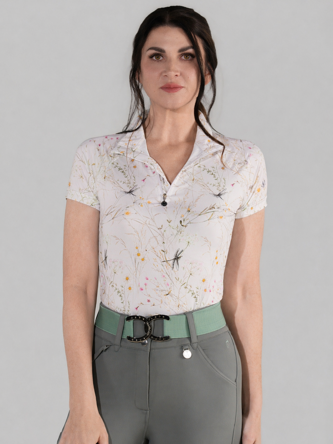 Dapplebay - Camisa de montar Dragonfly Meadow Pink de manga corta con cremallera 1/4