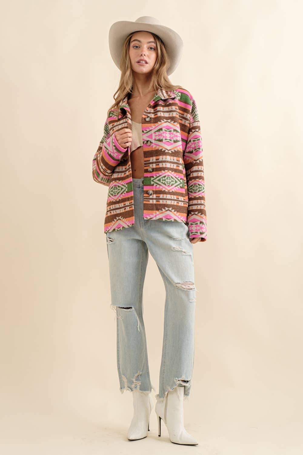 Blue B - Azteeks westernjack van jacquard met opstaande kraag en knoopsluiting