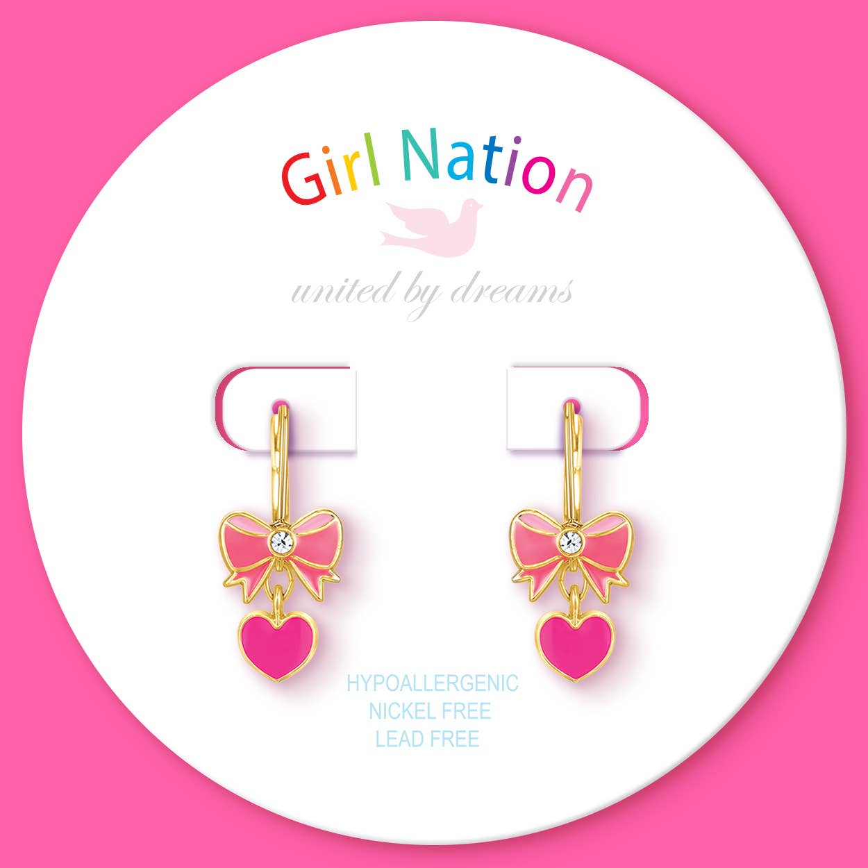 Girl Nation - Roze hart en strik oorbellen met klaphaaksluiting