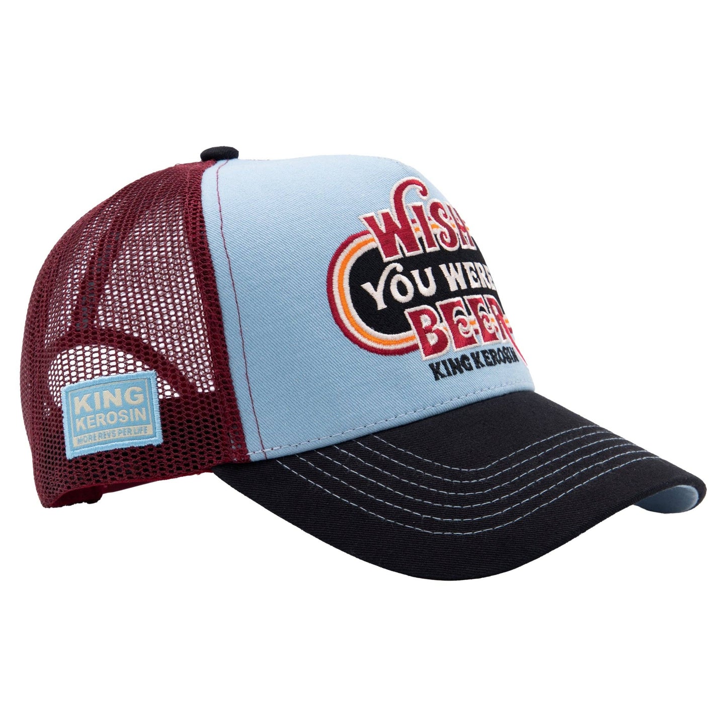 King Kerosin - Gorra trucker Wish You Were Beer en azul claro/burdeos