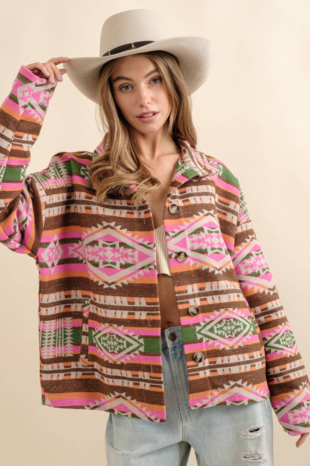 Blue B - Azteeks westernjack van jacquard met opstaande kraag en knoopsluiting