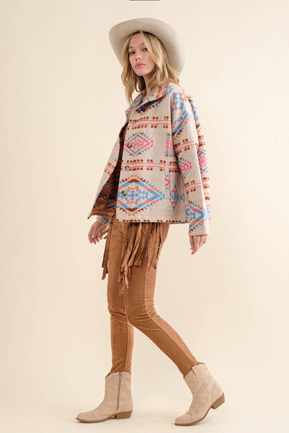 Blue B - Aztekische Westernjacke aus Jacquard mit Stehkragen und Knopfverschluss