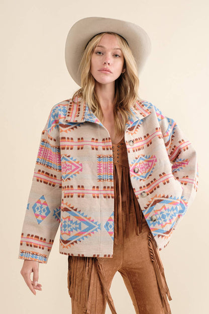 Blue B - Aztekische Westernjacke aus Jacquard mit Stehkragen und Knopfverschluss