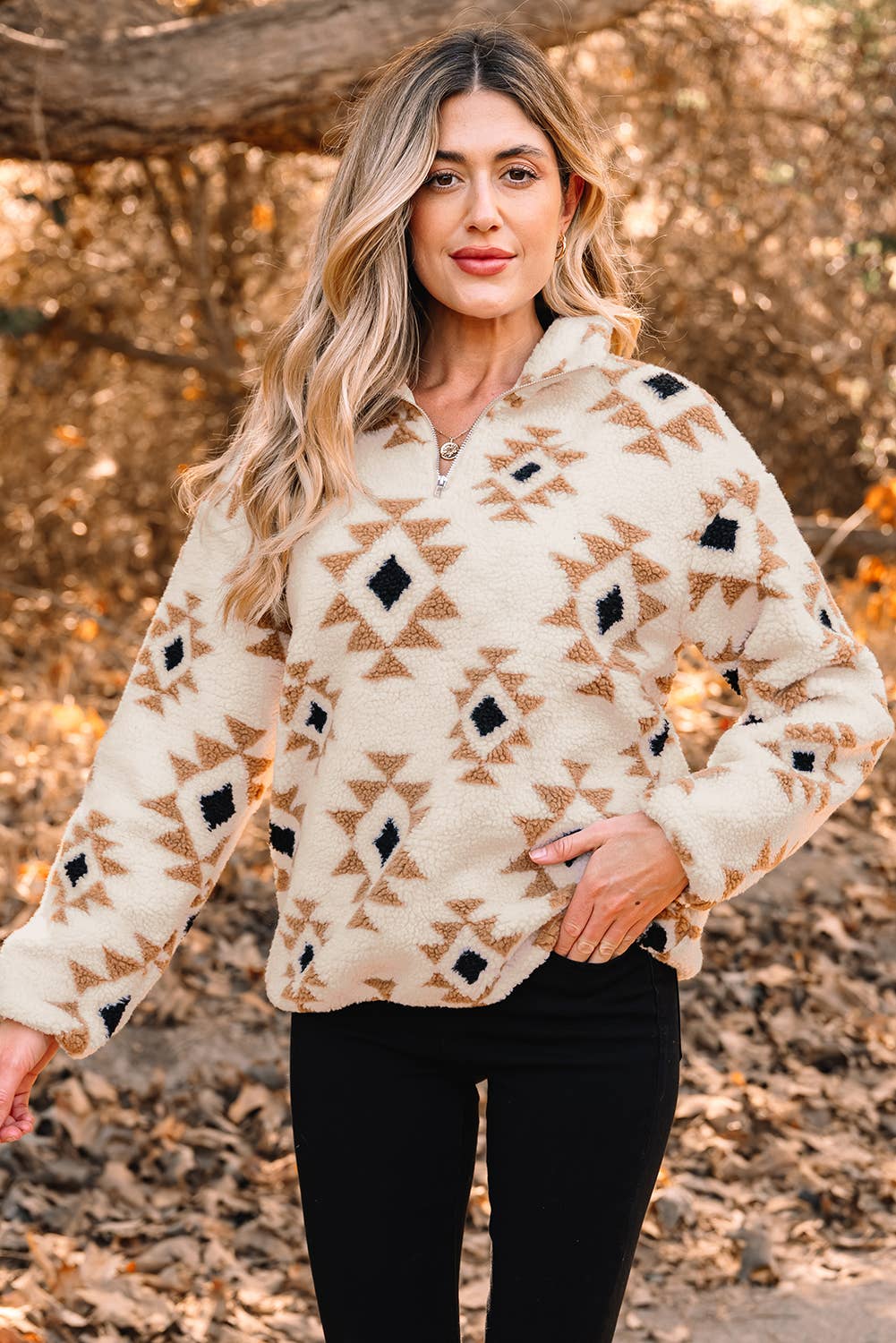 Pretty Bash - Western Aztec Sherpa Sweatshirt met 1/4 zip