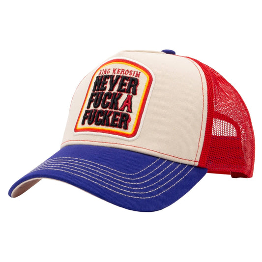 King Kerosin - Trucker Cap Never Fuck A Fucker in beige/blue/red