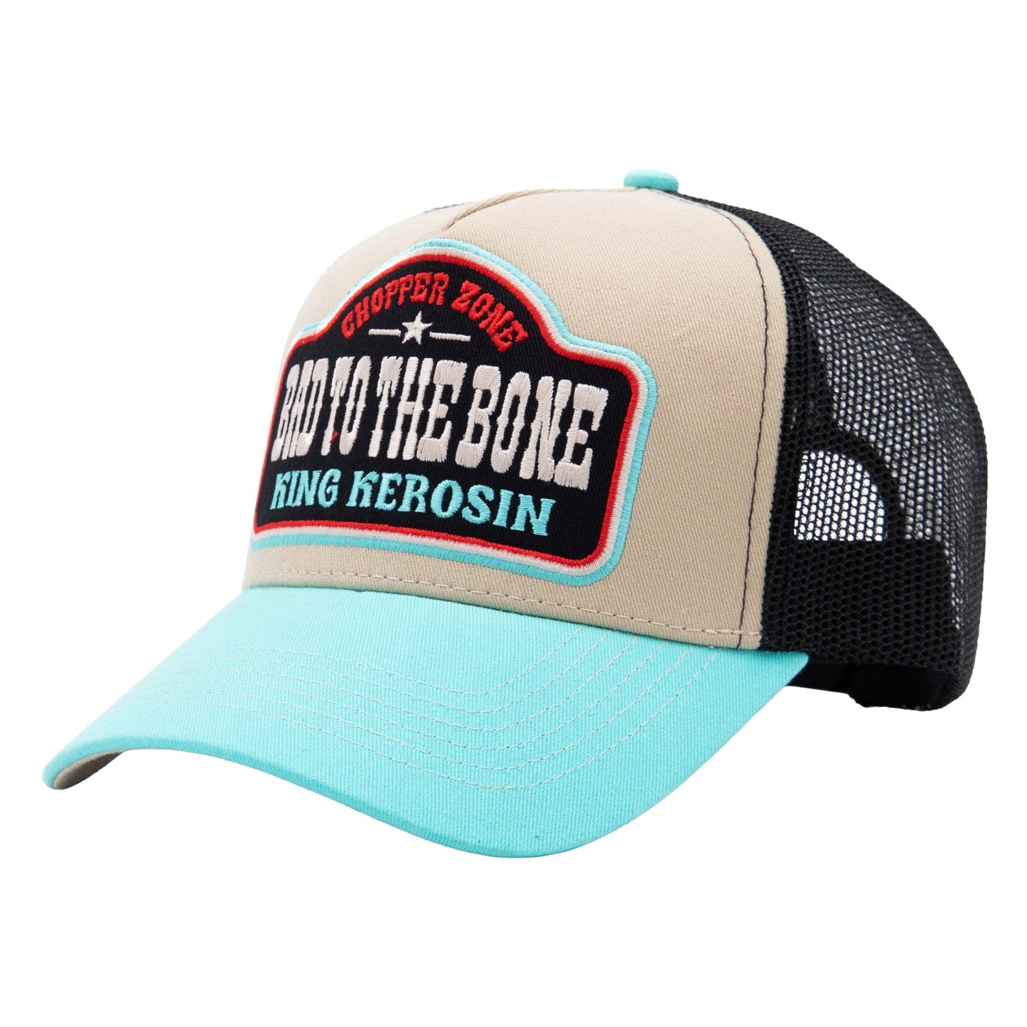 King Kerosin - Cappellino da camionista Bad to the Bones in beige/nero/turchese