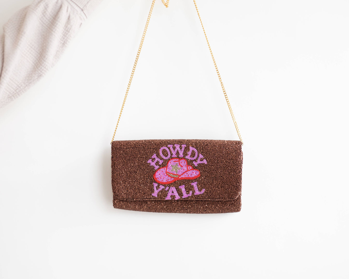 Pria Handmade - Beaded Bag schoudertas clutch Howdy Y'all bruin/ roze