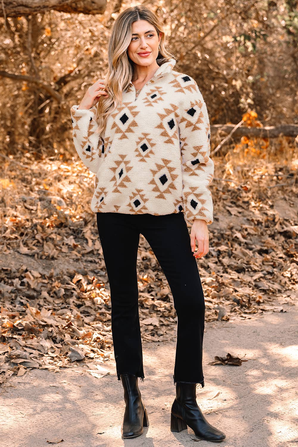 Pretty Bash - Western Aztec Sherpa Sweatshirt met 1/4 zip