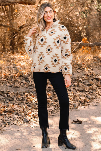 Pretty Bash - Western Aztec Sherpa Sweatshirt met 1/4 zip