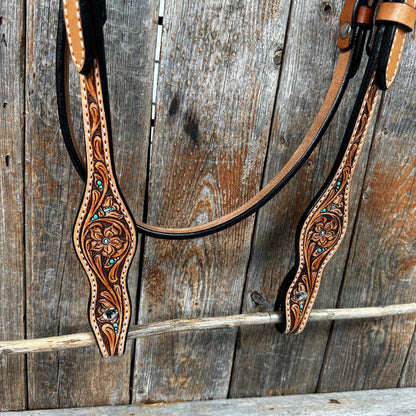 Rodeo Drive - Light Oil Floral and Teal Dot Headstall