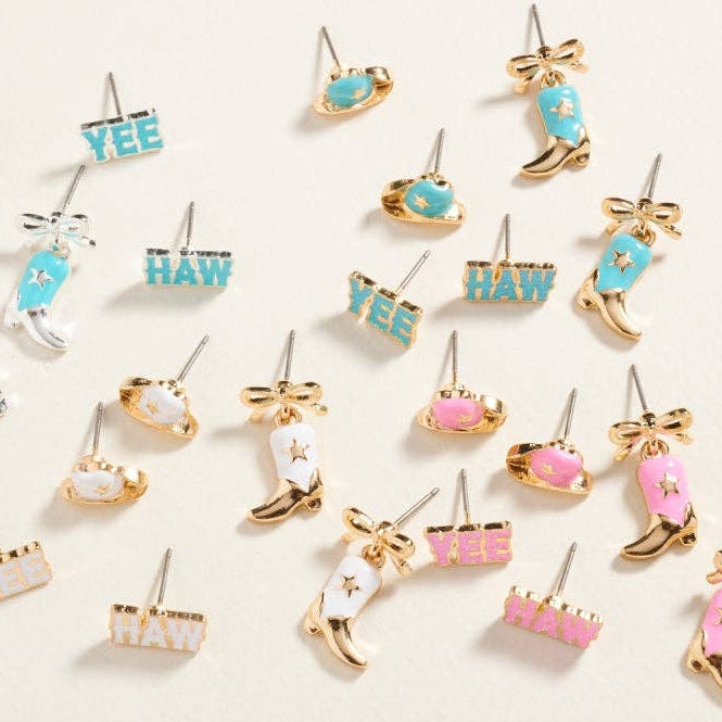 Designature - Western Mixed Cowgirl Themed 3-Piece Ear Stud Set