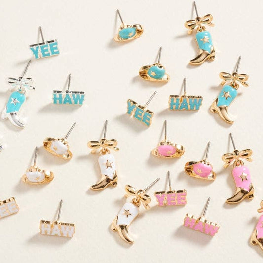 Designature - Western Mixed Cowgirl Themed 3-Piece Ear Stud Set