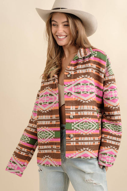 Blue B - Aztekische Westernjacke aus Jacquard mit Stehkragen und Knopfverschluss