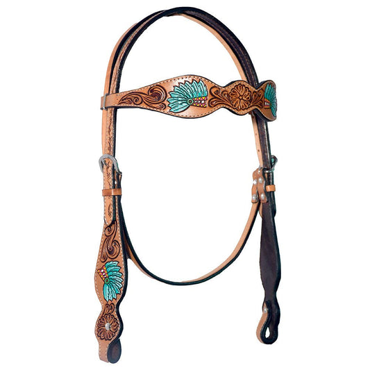 LS Western - Testiera western in pelle con copricapo indiano