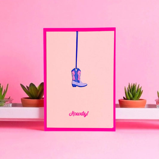 Pink Stories - Neon kaart met cadeauhanger Howdy Laars roze