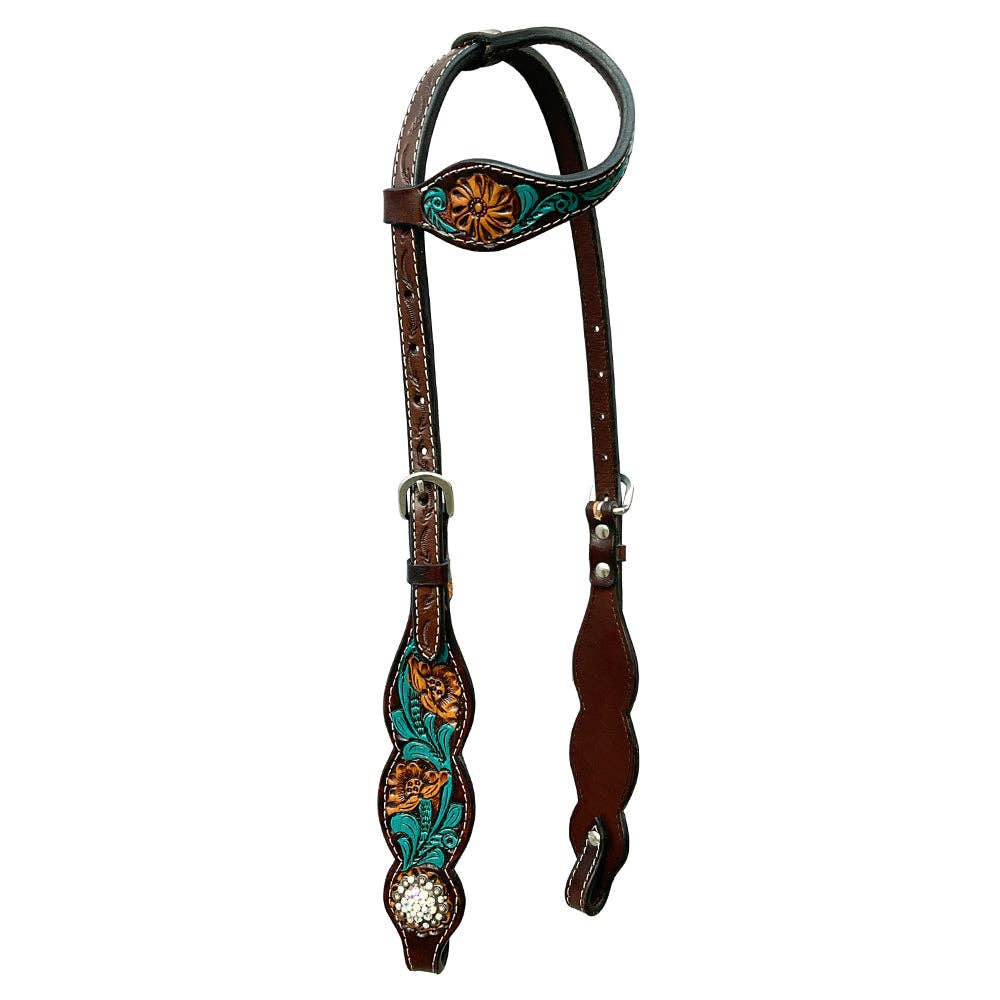 LS Western - Western Lederen one-ear Hoofdstel met bloemen en turquoise details