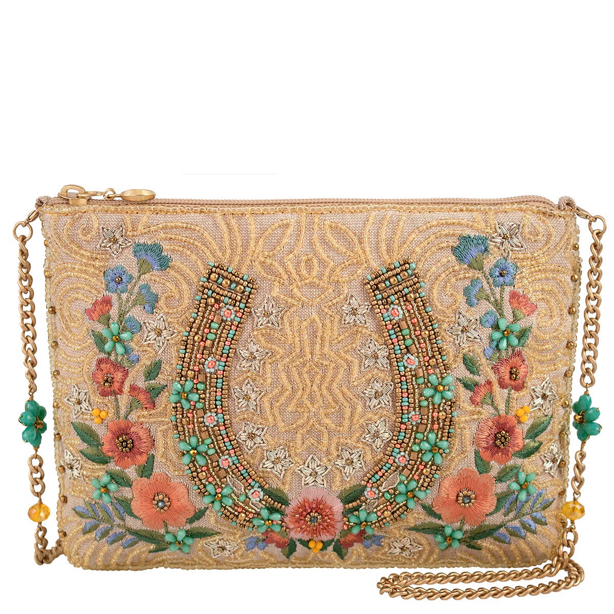 Mary Frances - Bolso de hombro de lujo con cuentas de herradura de caballo y flor de hierro de la suerte