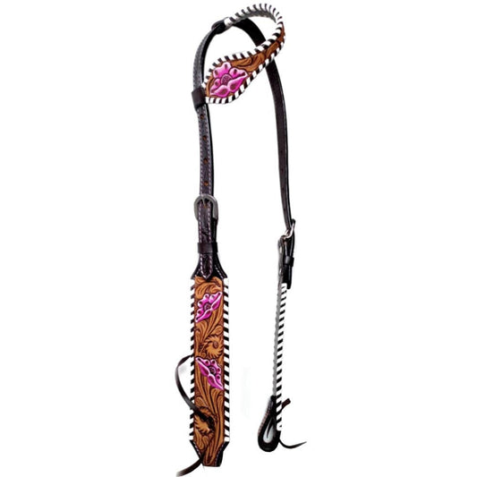 LS Western - Testiera Western in pelle con un orecchio, fiori rosa e bordo decorativo