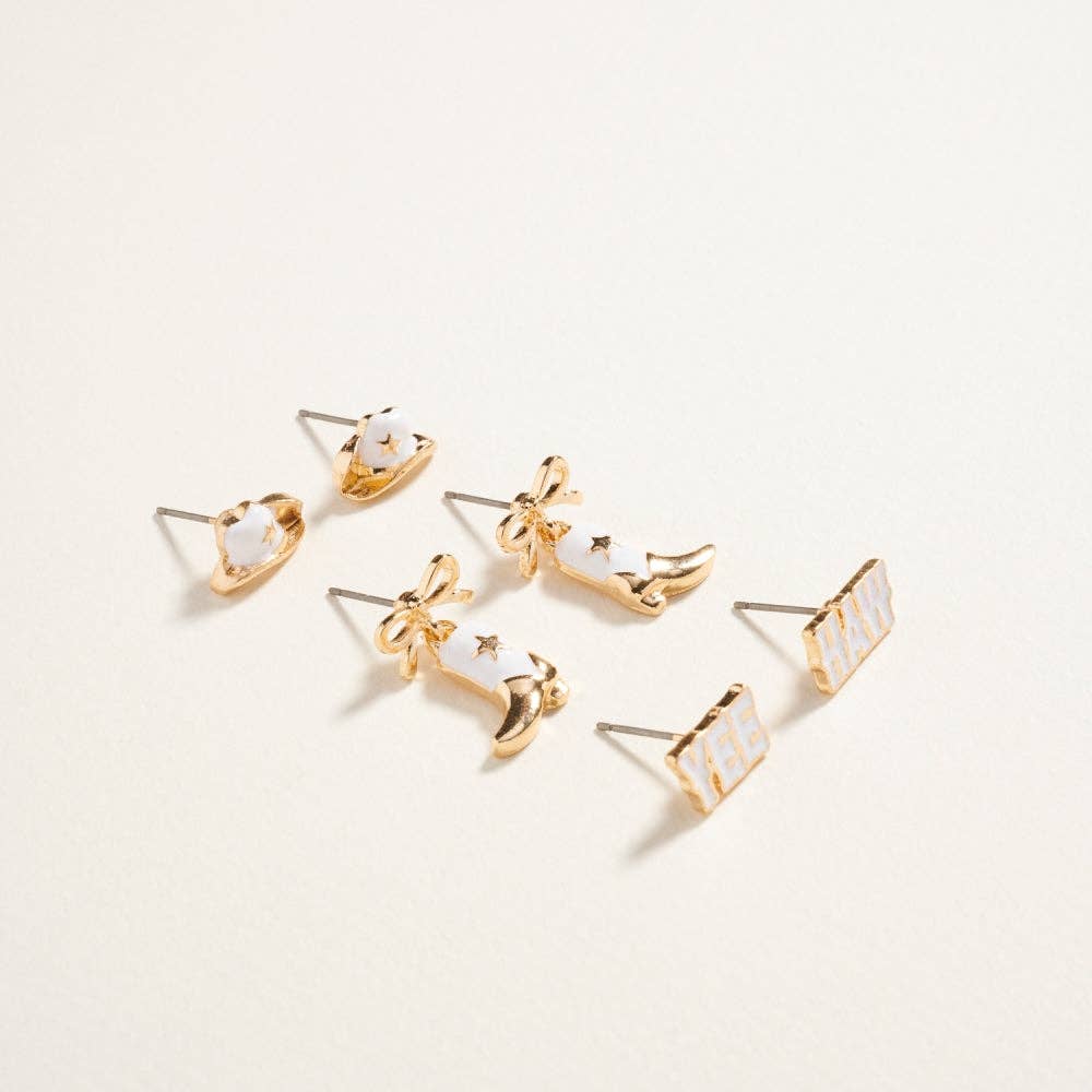 Designature - Western Mixed Cowgirl Themed 3-Piece Ear Stud Set