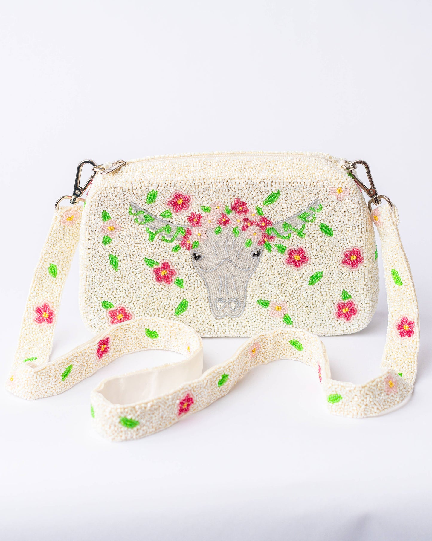 Pria Handmade - Beaded Bag schoudertas White Flower Longhorn