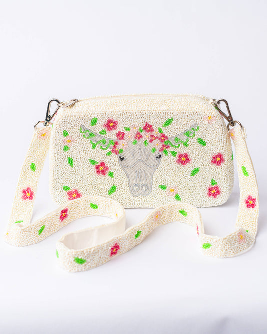 Pria Handmade - Bolso con cuentas bolso de hombro White Flower Longhorn