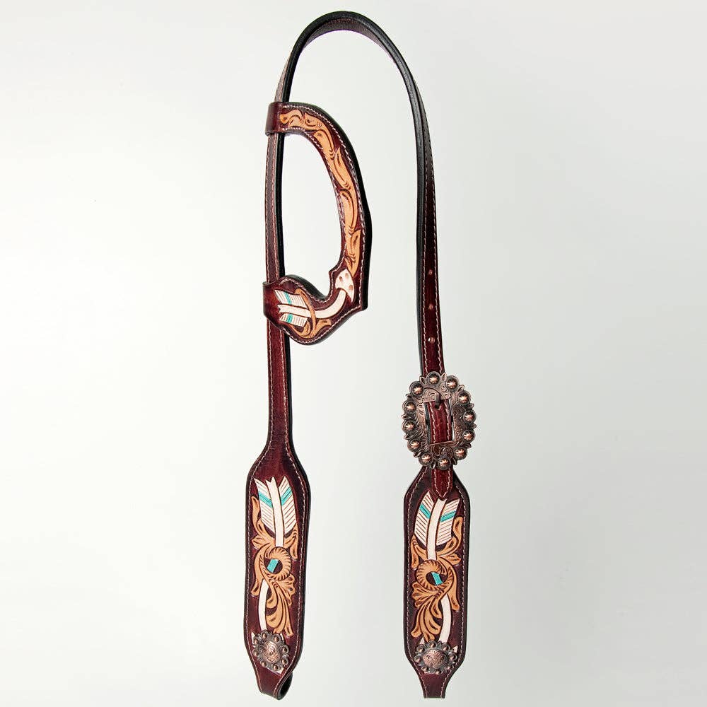 LS Western - HS Western Lederen one-ear hoofdstel met veertje turquoise wit
