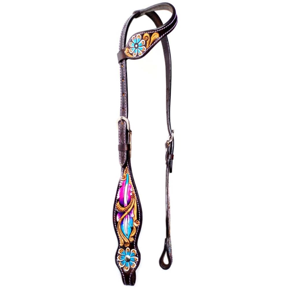 LS Western - Bride western en cuir à une oreille avec plume et fleurs violet/turquoise