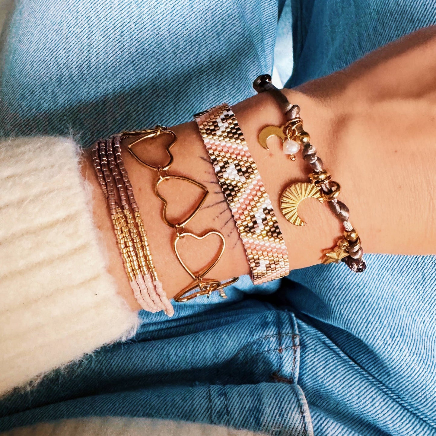 Bazou - Armband met zigzag- en luipaardprint zalm/bruin/wit