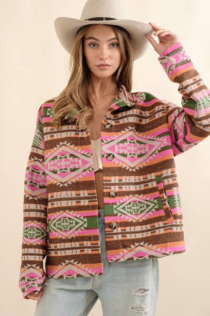 Blue B - Aztekische Westernjacke aus Jacquard mit Stehkragen und Knopfverschluss