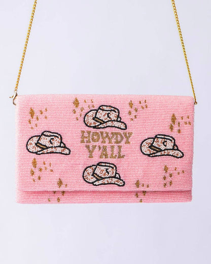Pria Handmade - Perlen-Tasche Umhängetasche Clutch Howdy Y'all Hellrosa