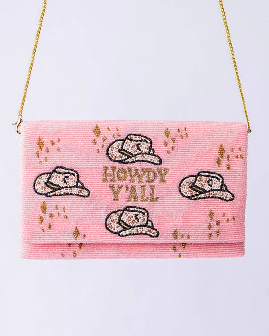 Pria Handmade - Bolso con cuentas bolso de hombro clutch Howdy Y'all rosa claro
