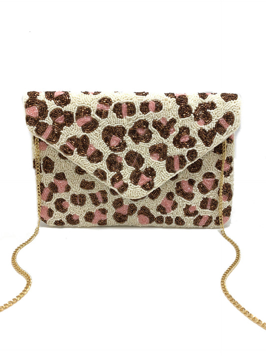 Pizzazz Inc - Roze luipaardclutch met kralen