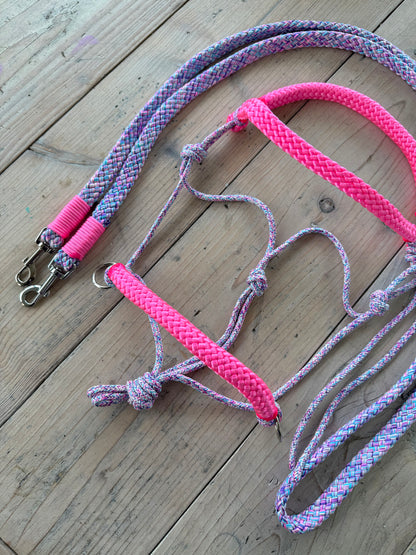 Het Paardenatelier - Seilhalfter Set Reithalfter + Zügel „Barbie Dreams“ Lila-Mix/Rosa