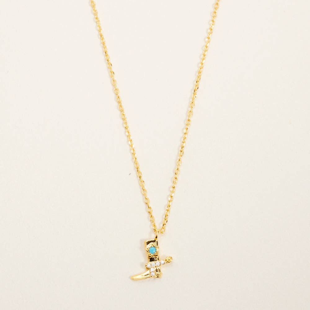 Designature - Gold Plated Western Rodeo Boots Necklace with Turquoise and Cubic Zirconia