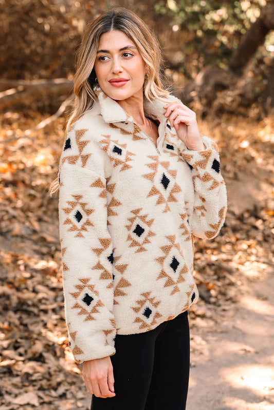 Pretty Bash - Western Aztec Sherpa Sweatshirt met 1/4 zip