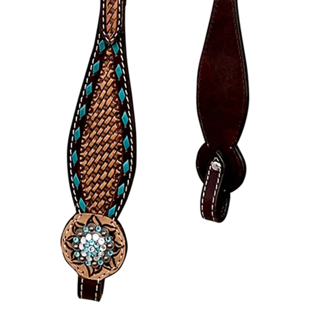 LS Western - Western Lederen one-ear Hoofdstel met tooling en turquoise afwerking